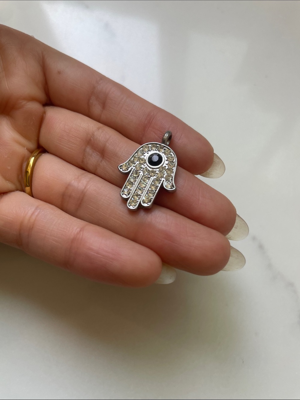 Hamsa Hand Crystal Pendant - Silver Tone with Black Eye